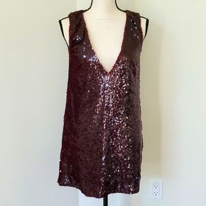 Tobi NWOT Wine Color Sequined Backless Low V-neck Short Cocktail Dress Size S/P